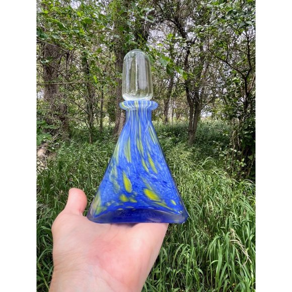 Vintage 1960s MCM Art Glass Petite Decanter Blue Yellow Swirl - Picture 11 of 16